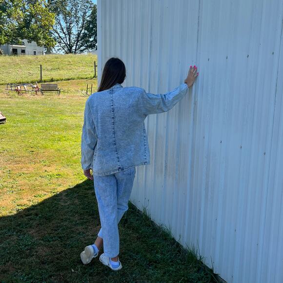 Fringe Acid Wash Denim 2 Piece Jeans Suit Vintage 90s Andiamo Womens Blue Small - Picture 3 of 16